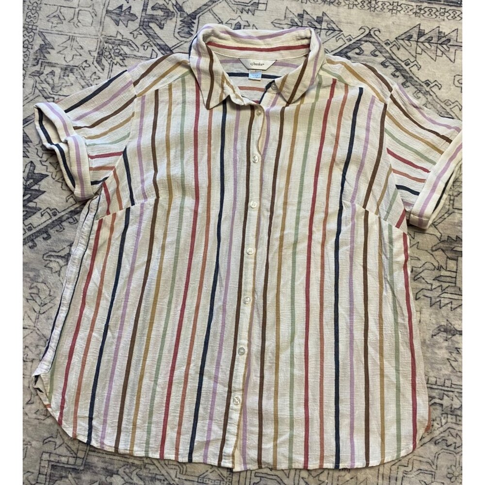 Cj Banks Womens Multicolor Striped Button-Up Shirt 1X 100% Cotton Short Sleeve‎